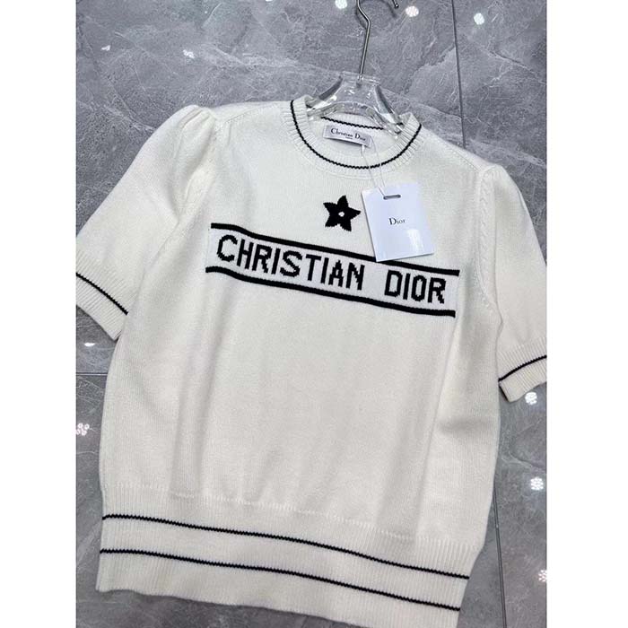 Dior Women Christian Dior Short-Sleeved Sweater Ecru Cashmere Wool Knit