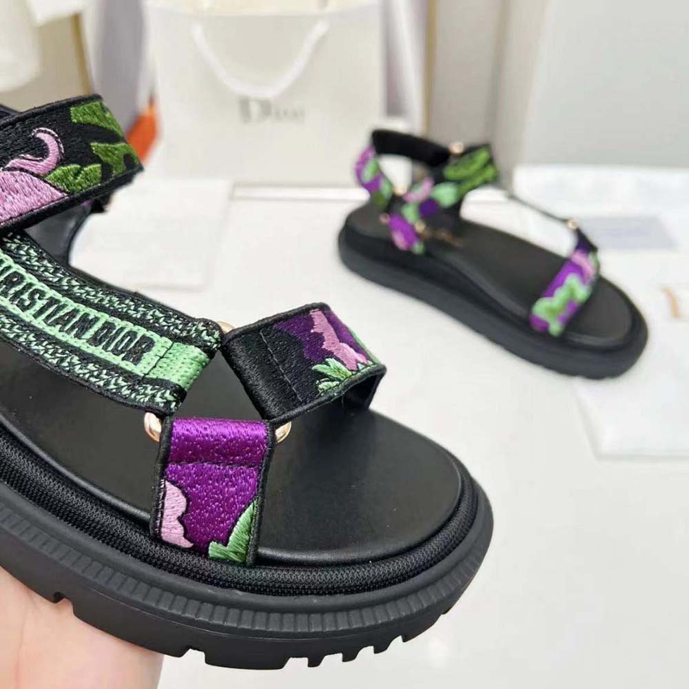 Dior Women D-Wave Sandal Black Multicolor Embroidered Cotton