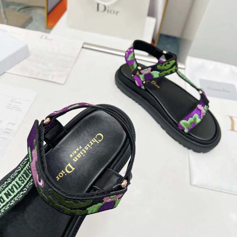 Dior Women D-Wave Sandal Black Multicolor Embroidered Cotton