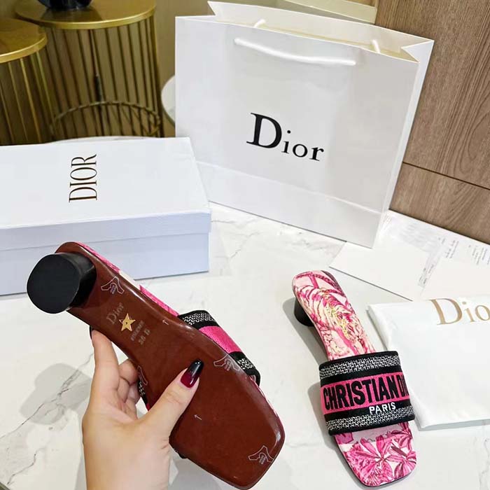 Dior Women Dway Heeled Slide Rani Pink Multicolor Embroidered Cotton Toile De Jouy Voyage Motif Reference: KCQ902VOY_S66P