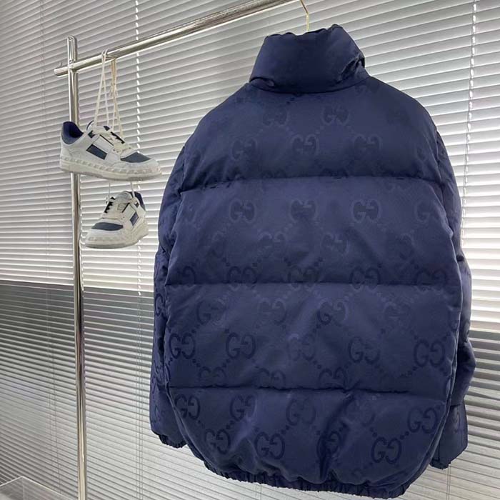 G*u*i men jumbo gg canvas down jacket blue nylon front zip pockets