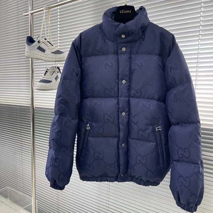 G*u*i men jumbo gg canvas down jacket blue nylon front zip pockets