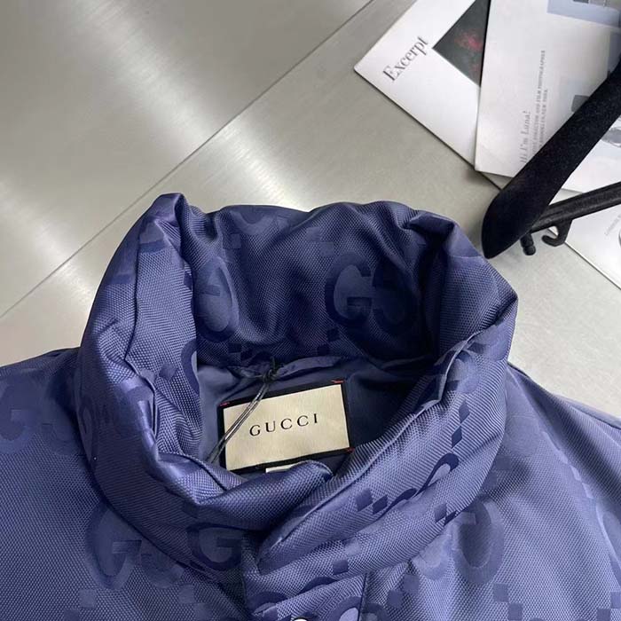 G*u*i men jumbo gg canvas down jacket blue nylon front zip pockets