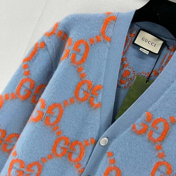 G*u*i men wool cardigan gg intarsia blue v-neck long sleeves