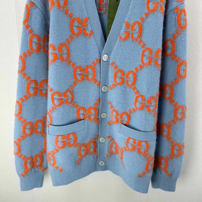 G*u*i men wool cardigan gg intarsia blue v-neck long sleeves