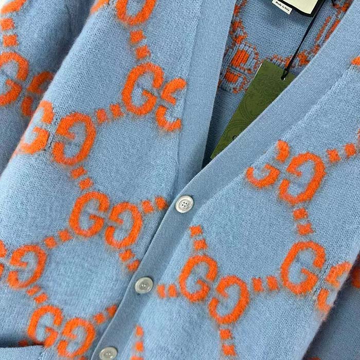 G*u*i men wool cardigan gg intarsia blue v-neck long sleeves