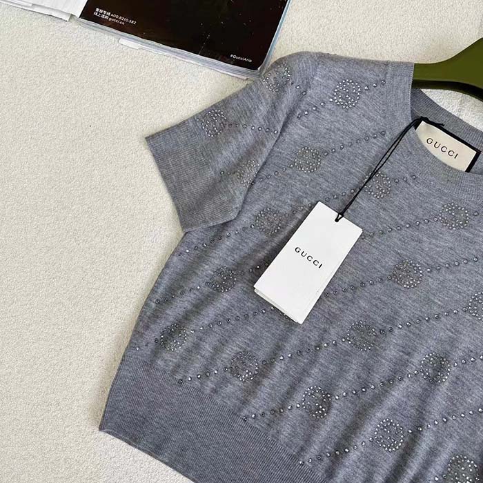 G*u*i women gg cashmere crewneck interlocking g grey diagonal stripe crystals