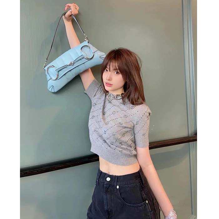 G*u*i women gg cashmere crewneck interlocking g grey diagonal stripe crystals