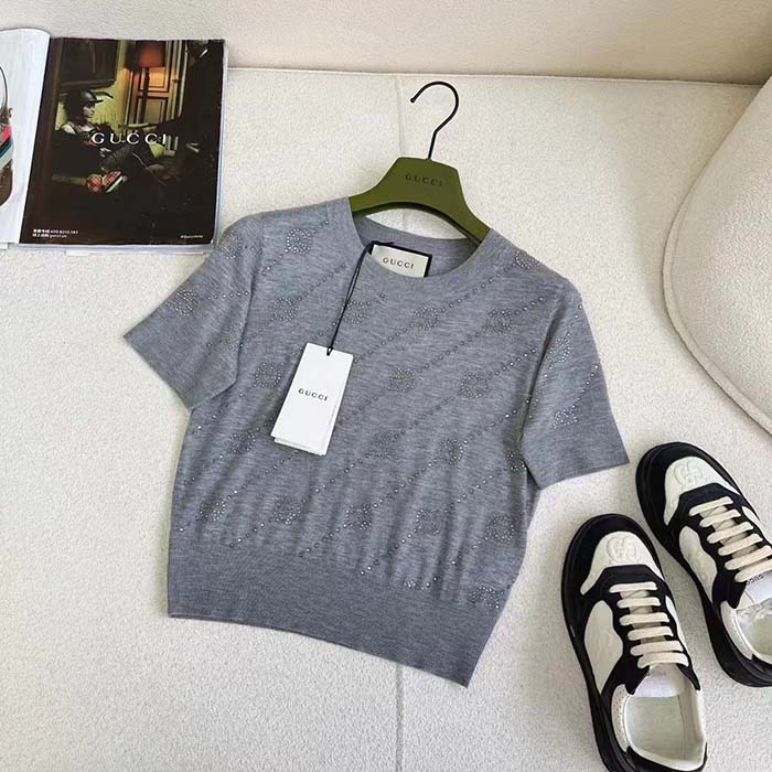 G*u*i women gg cashmere crewneck interlocking g grey diagonal stripe crystals