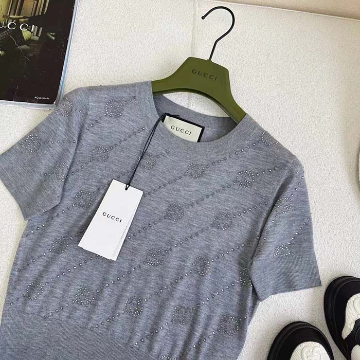 G*u*i women gg cashmere crewneck interlocking g grey diagonal stripe crystals