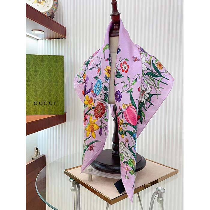 G*u*i women gg flora print silk carré multicolor purple twill
