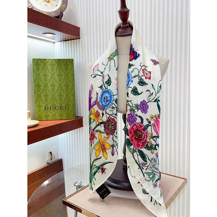 G*u*i women gg flora print silk carré multicolor white twill