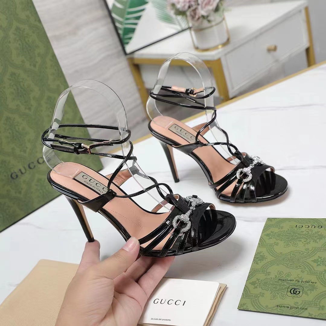 G*u*i women gg horsebit sandal black leather crystals high 10.4 cm heel
