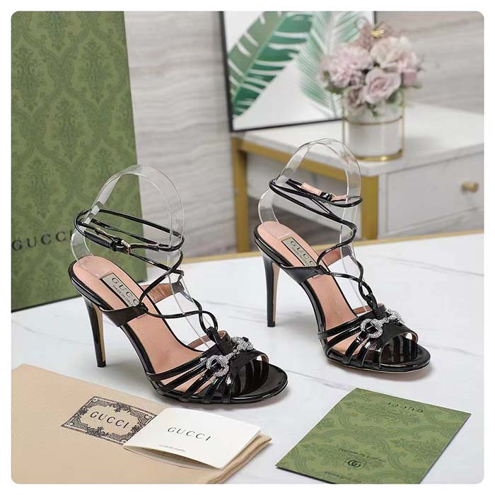 G*u*i women gg horsebit sandal black leather crystals high 10.4 cm heel