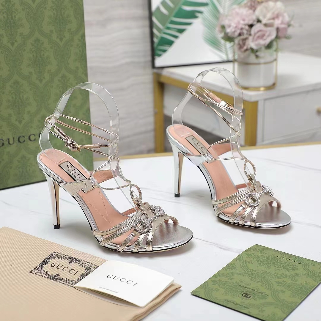 G*u*i women gg horsebit sandal metallic silver gold leather crystals high heel
