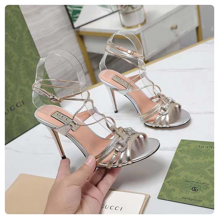 G*u*i women gg horsebit sandal metallic silver gold leather crystals high heel