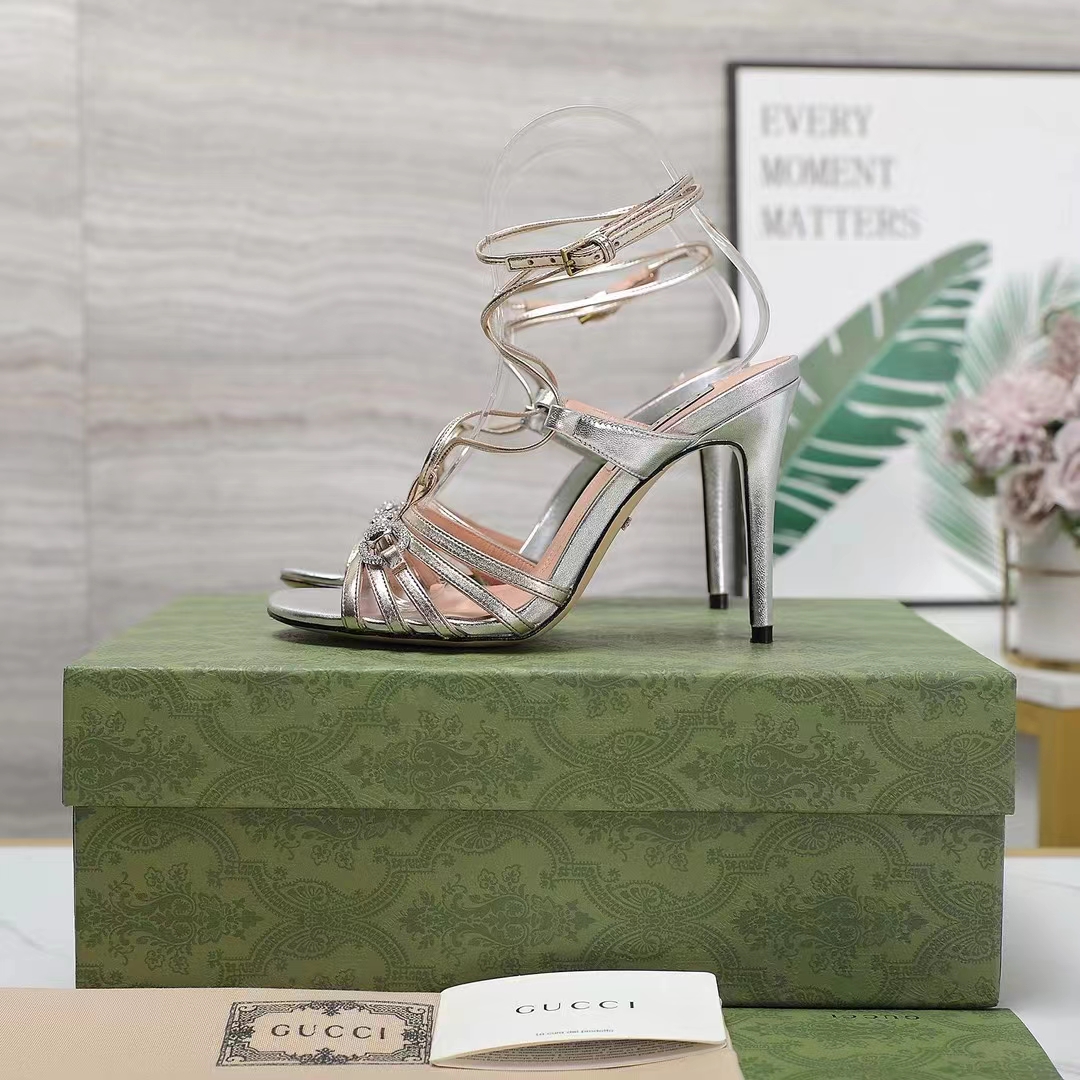 G*u*i women gg horsebit sandal metallic silver gold leather crystals high heel