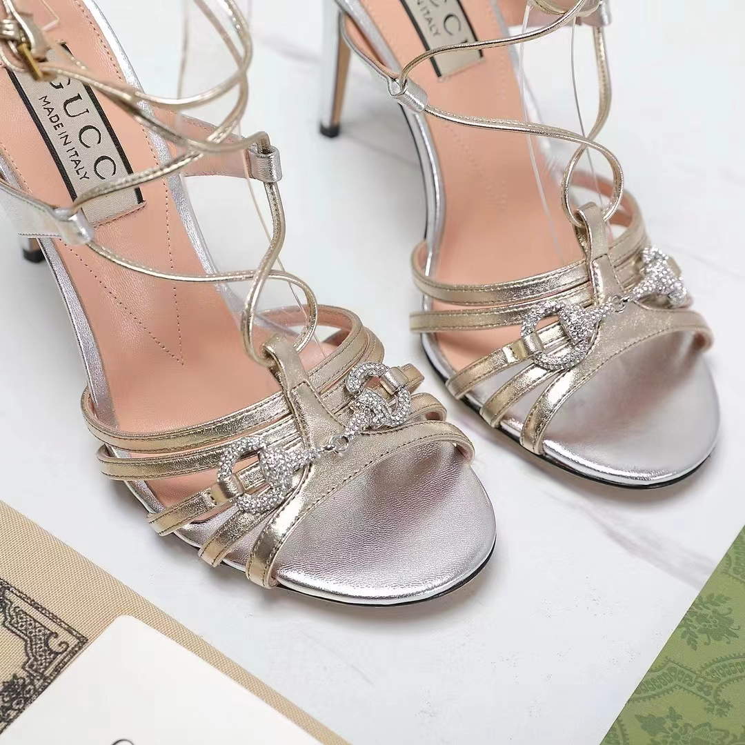 G*u*i women gg horsebit sandal metallic silver gold leather crystals high heel