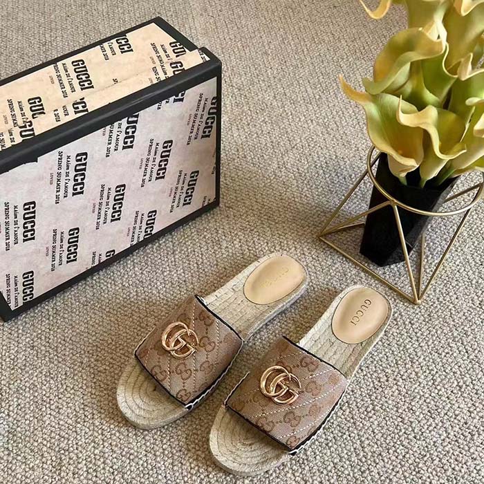 G*u*i women gg matelassé canvas espadrille sandal double g flat