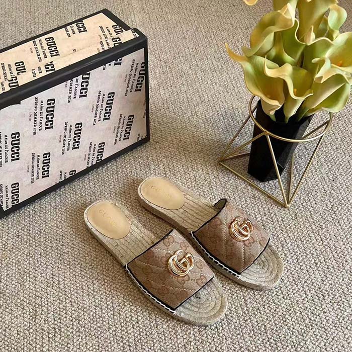 G*u*i women gg matelassé canvas espadrille sandal double g flat