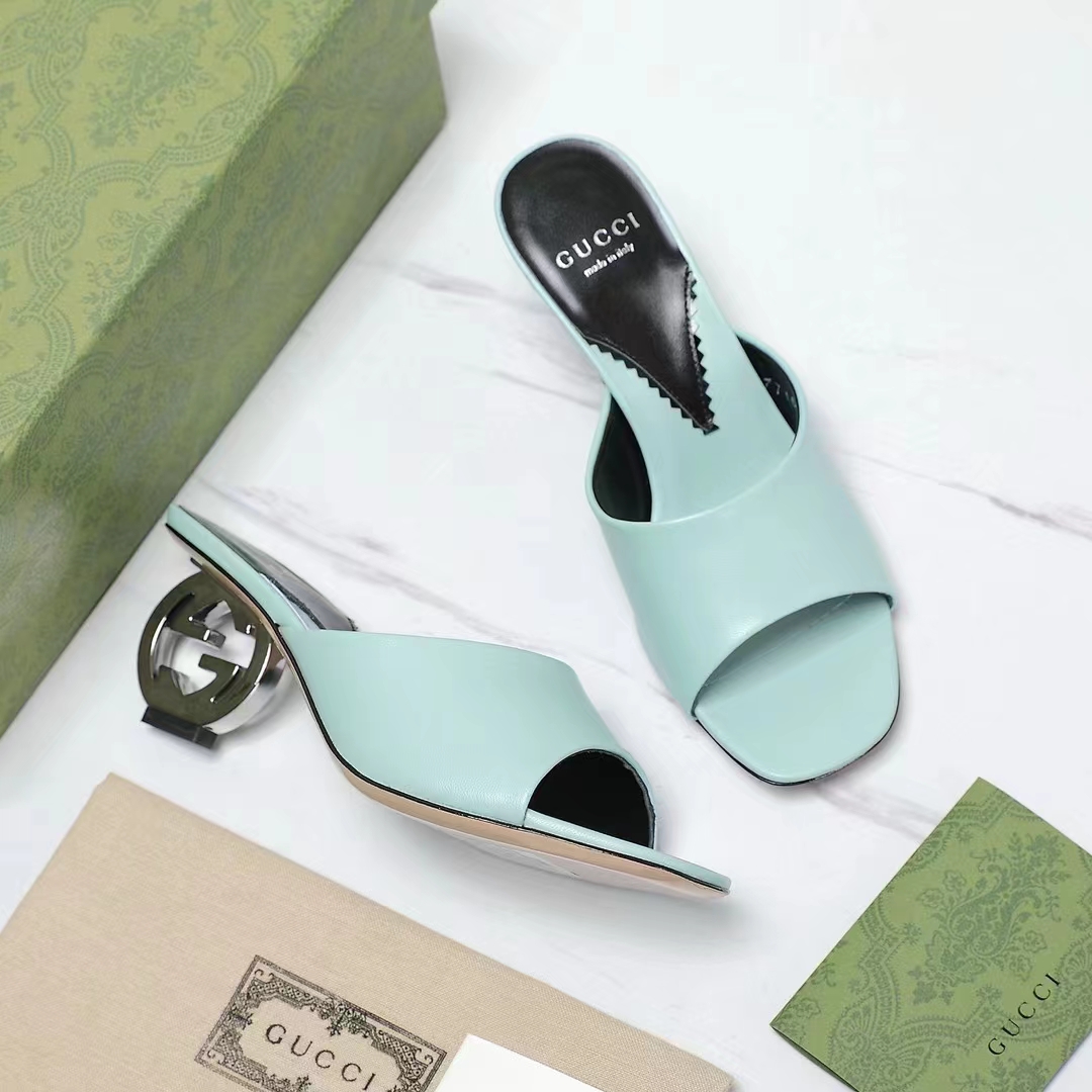 G*u*i women interlocking g heel sandal light green leather mid 7.6 cm heel