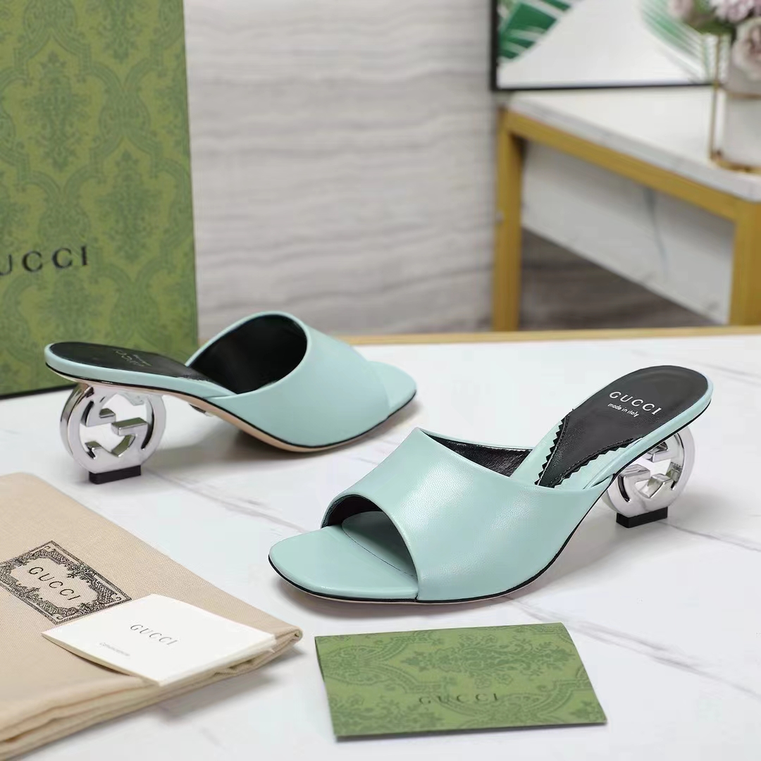 G*u*i women interlocking g heel sandal light green leather mid 7.6 cm heel