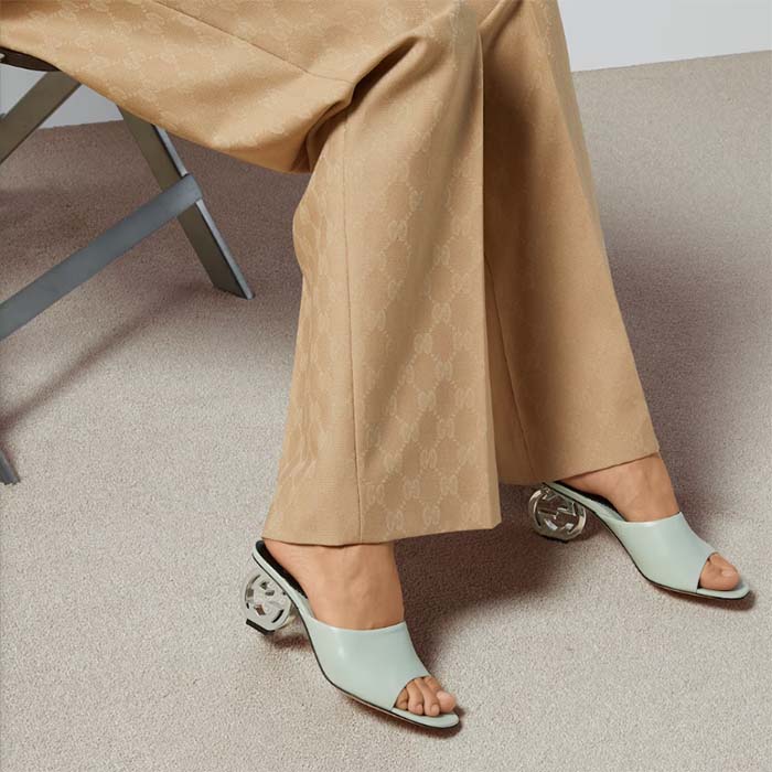 G*u*i women interlocking g heel sandal light green leather mid 7.6 cm heel