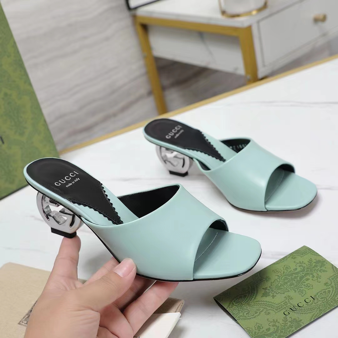 G*u*i women interlocking g heel sandal light green leather mid 7.6 cm heel