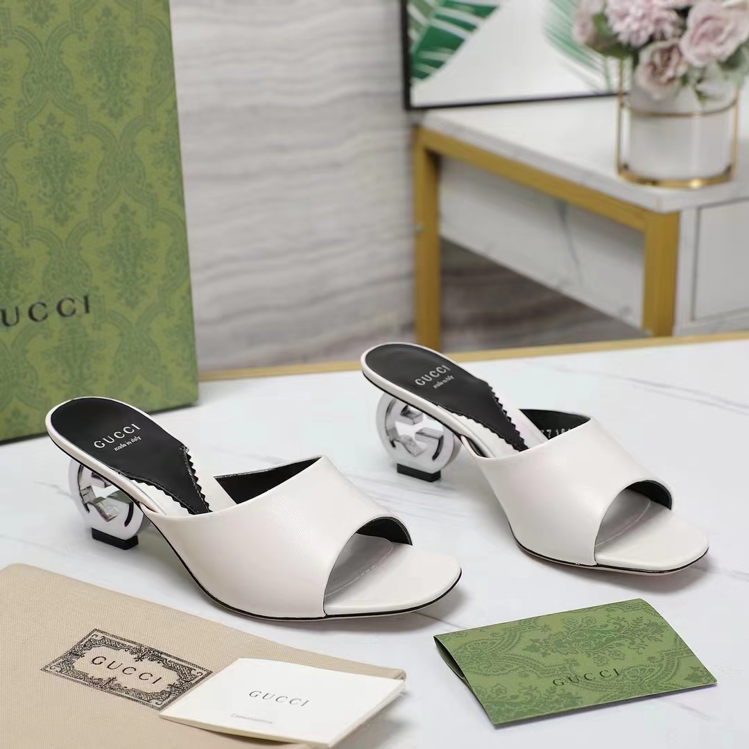 G*u*i women interlocking g heel sandal white leather mid 7.6 cm heel