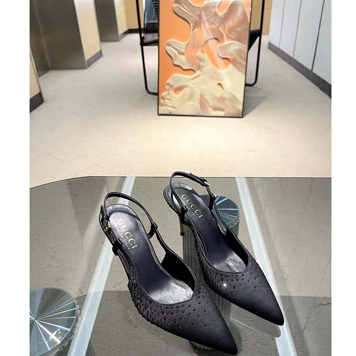 G*u*i women slingback pump crystals black silk satin pointed toe metallic high heel