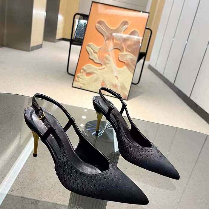G*u*i women slingback pump crystals black silk satin pointed toe metallic high heel