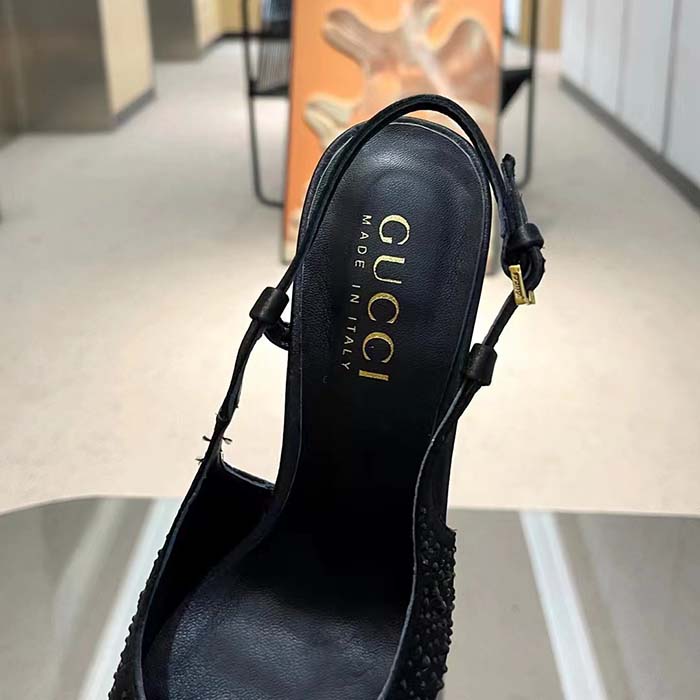 G*u*i women slingback pump crystals black silk satin pointed toe metallic high heel