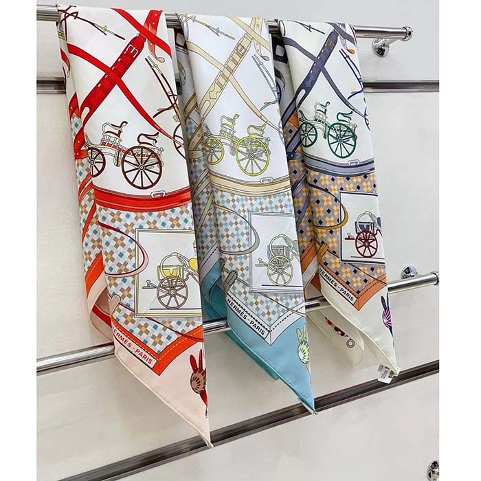Hermes Women Les Voitures Nouvelles Scarf 70 Silk Bleu Beige