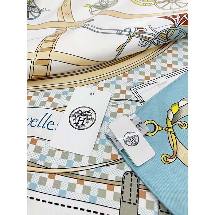 Hermes Women Les Voitures Nouvelles Scarf 70 Silk Bleu Beige
