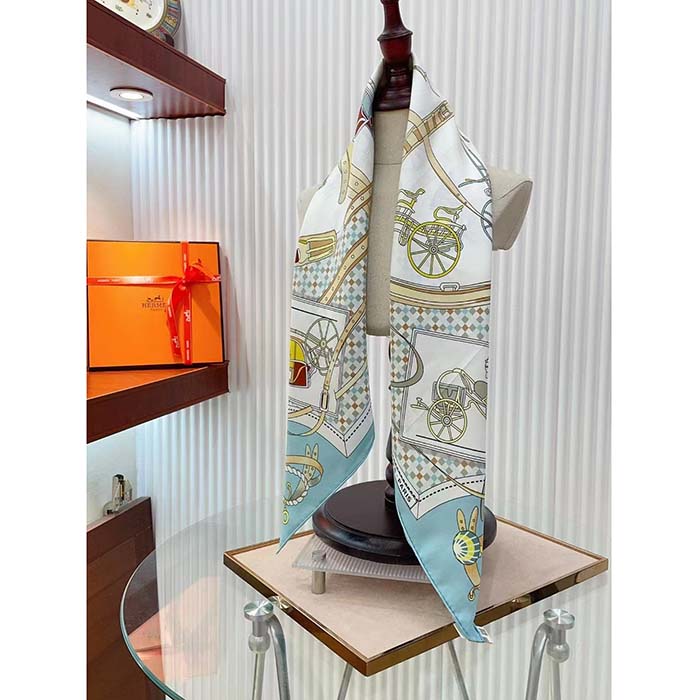 Hermes Women Les Voitures Nouvelles Scarf 70 Silk Bleu Beige