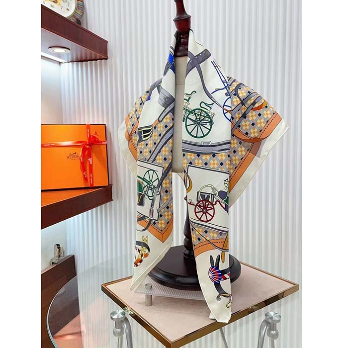 Hermes Women Les Voitures Nouvelles Scarf 70 Silk Brown Multicolore