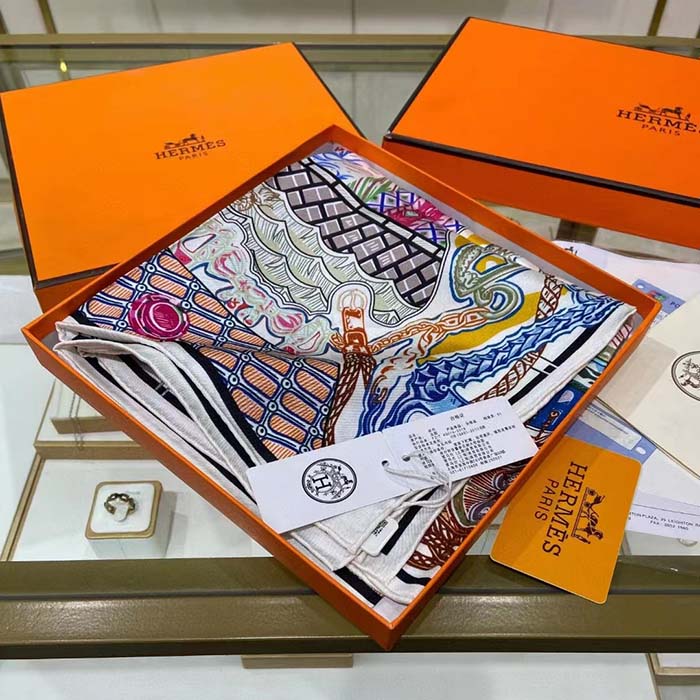 Hermes Women Super Silk Quest Detail Scarf 45 Blue Twill