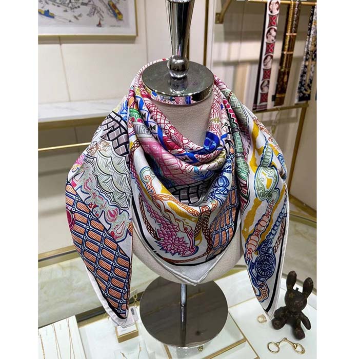 Hermes Women Super Silk Quest Detail Scarf 45 Blue Twill