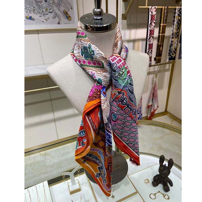 Hermes Women Super Silk Quest Detail Scarf 45 Orange Twill