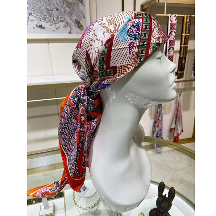 Hermes Women Super Silk Quest Detail Scarf 45 Orange Twill