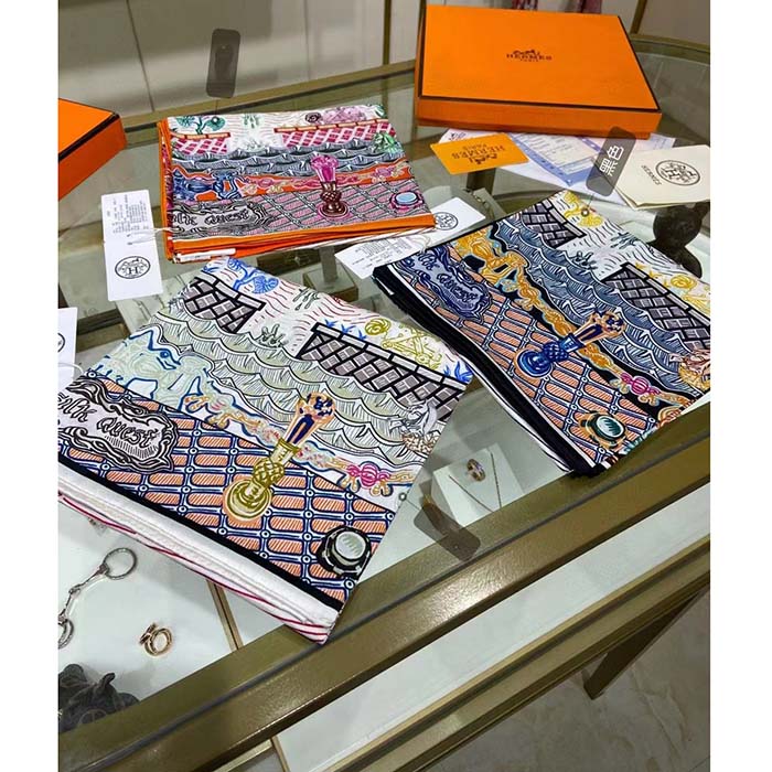 Hermes Women Super Silk Quest Detail Scarf 45 Orange Twill