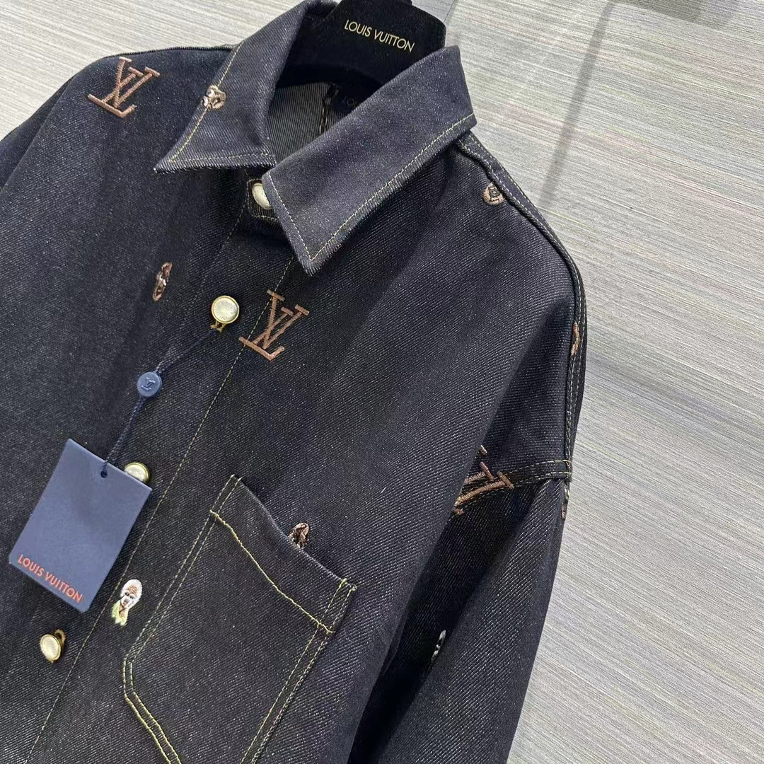 Louis Vuitton Women LV RUNWAY Embroidered Denim Overshirt Oversized Fit Indigo Cotton 1AFHVF