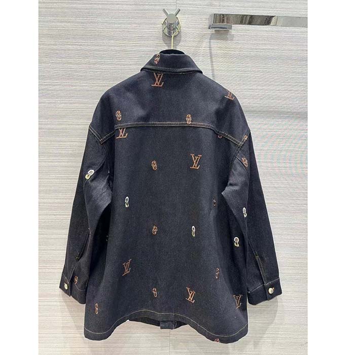 Louis Vuitton Women LV RUNWAY Embroidered Denim Overshirt Oversized Fit Indigo Cotton 1AFHVF