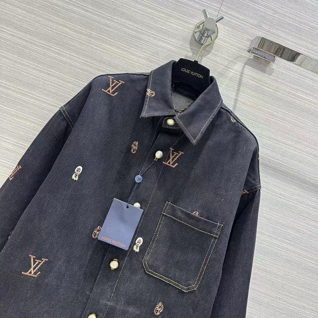 Louis Vuitton Women LV RUNWAY Embroidered Denim Overshirt Oversized Fit Indigo Cotton 1AFHVF