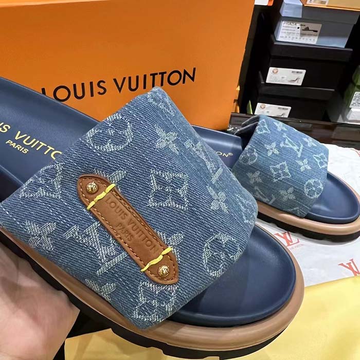 Louis Vuitton Unisex LV Pool Pillow Flat Comfort Mule Blue Monogram Denim 1ACJVH