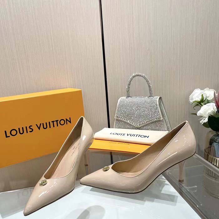 Louis Vuitton Women LV Blossom Pump Beige Patent Lambskin Leather Outsole 7.5 CM Heel