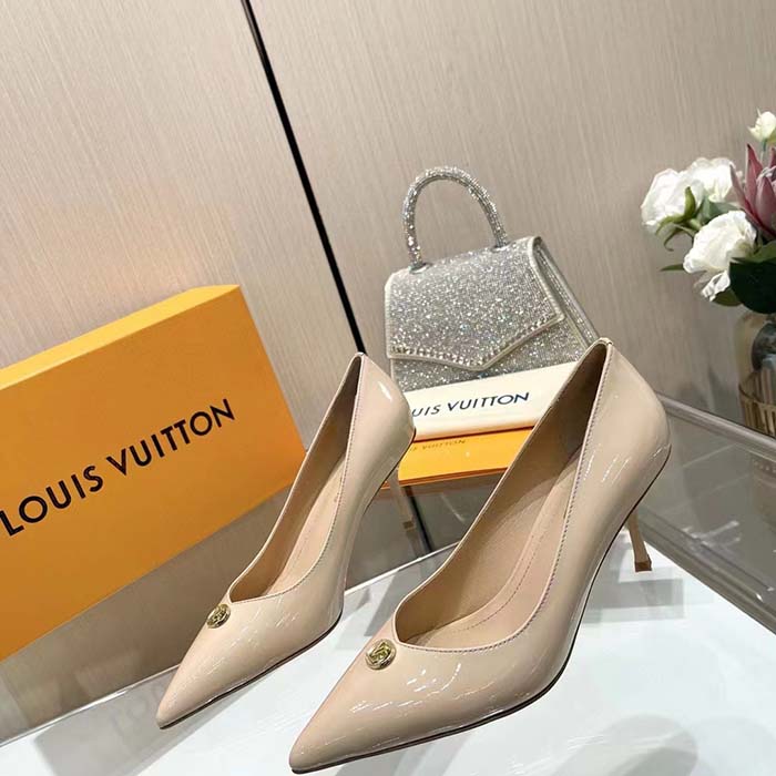 Louis Vuitton Women LV Blossom Pump Beige Patent Lambskin Leather Outsole 7.5 CM Heel