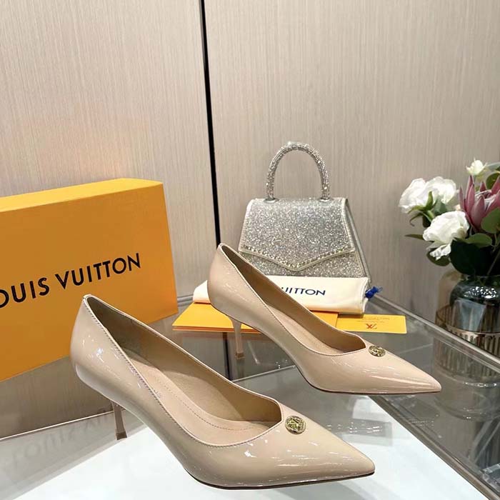 Louis Vuitton Women LV Blossom Pump Beige Patent Lambskin Leather Outsole 7.5 CM Heel