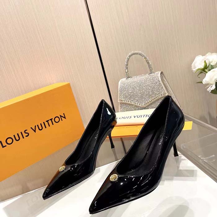 Louis Vuitton Women LV Blossom Pump Black Patent Lambskin Leather Outsole 7.5 CM Heel