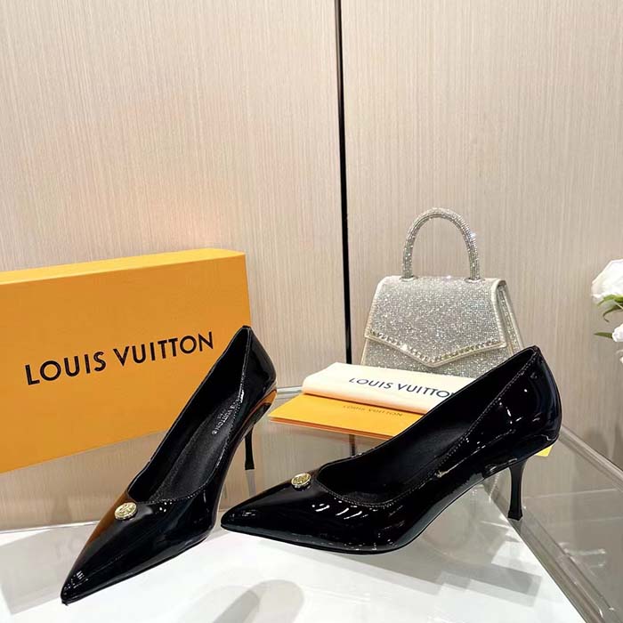 Louis Vuitton Women LV Blossom Pump Black Patent Lambskin Leather Outsole 7.5 CM Heel